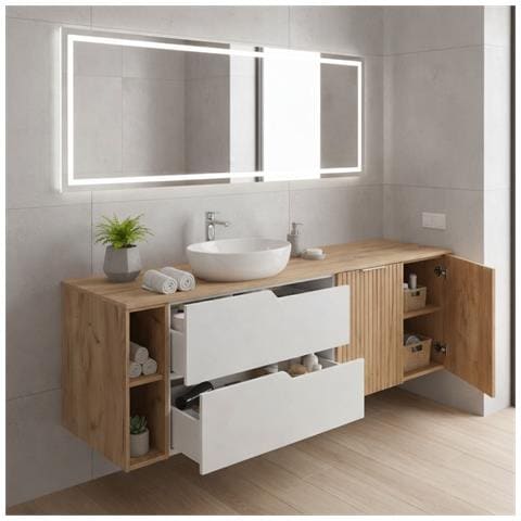 Mobile sottolavabo, Marrone e beige, 160 cm, Con piano d'appoggio, 2 cassetti, MDF, 2 ante, Ripiano integrato, MODERNO - Foto 5