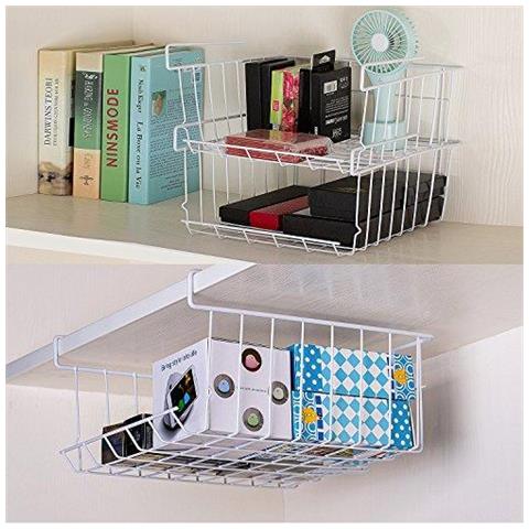 Sotto Shelf Cestino Di Immagazzinaggio 2-pack Sotto Shelf Hanging Del Nastro Metallico Cestino Di Immagazzinaggio Organizzatore Per Cucina Ufficio Dispensa Bagno Gabinetto Bianco - Foto 4