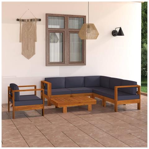 Lusso Casadino -  Set Divani Giardino 7 Posti Cuscini Grigi Scuro Massello Acacia - Foto 8