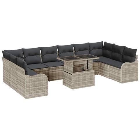 Set di Divani da Giardino  da 11 Pezzi con Cuscini Grigio Chiaro in Rattan Polietilene, Divano da Giardino a 2 Posti  con Ripostiglio e Cuscini Grigio Chiaro in Rattan Polietilene - Foto 1