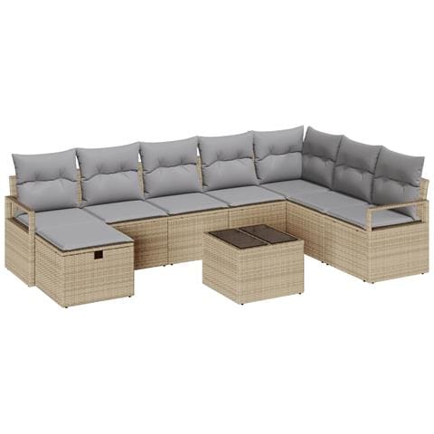 Set Divano da Giardino 9 Pezzi con Cuscini Rattan Polietilene Beige, Set Divano da Giardino 2 Posti con Cuscini Rattan Polietilene Beige - Foto 1