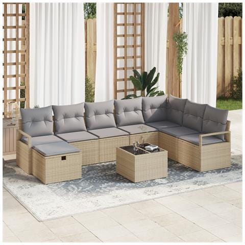 Set Divano da Giardino 9 Pezzi con Cuscini Rattan Polietilene Beige, Set Divano da Giardino 2 Posti con Cuscini Rattan Polietilene Beige - Foto 2