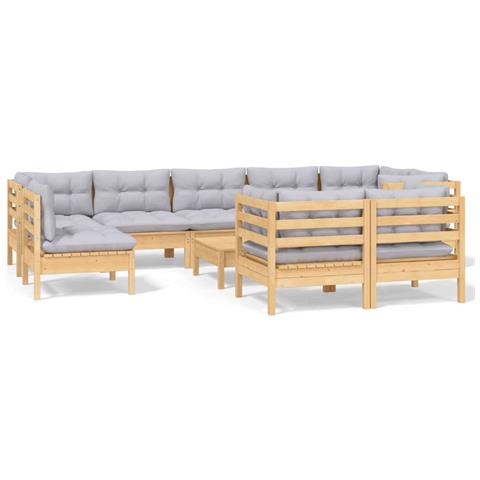 Set Divani da Giardino 10 pz con Cuscini Grigi Massello di Pino - Foto 1