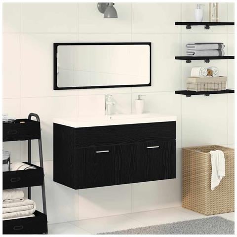Set di Mobili da Bagno con porta 3 pcs Rovere Nero 90x38.5x46cm - Foto 2
