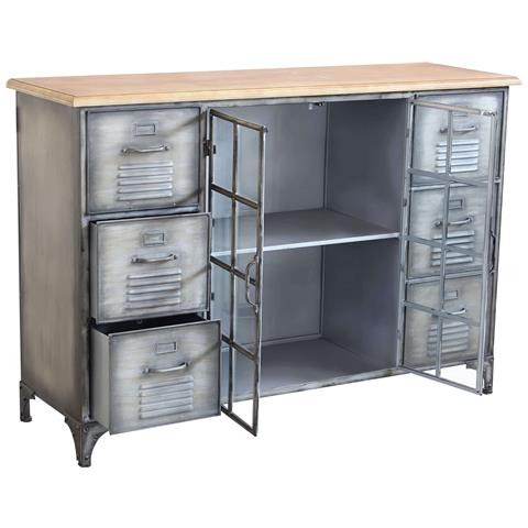 Mobile Credenza Da Interno Bar Pub Interamente In Ferro Con Piano In Legno 6 Cassetti E 2 Ante Centrali Linea Industrial - Foto 2