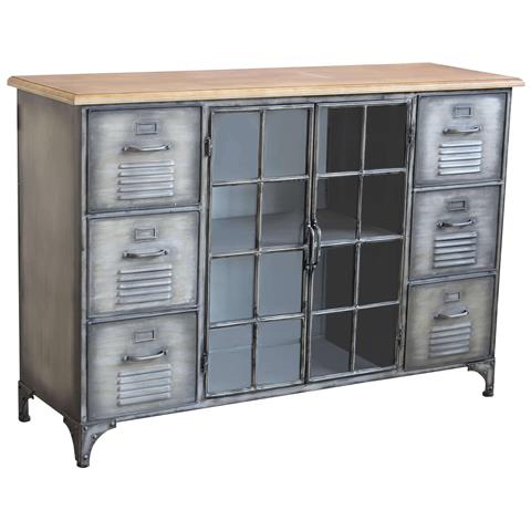 Mobile Credenza Da Interno Bar Pub Interamente In Ferro Con Piano In Legno 6 Cassetti E 2 Ante Centrali Linea Industrial - Foto 1