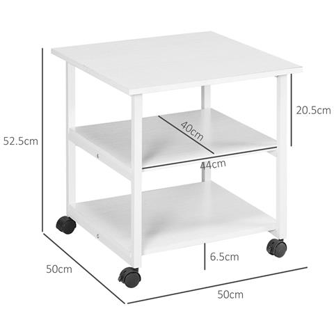 Carrello Porta Stampante A 3 Ripiani Con 4 Ruote, Legno E Acciaio, 50x50x52.5cm, Bianco - Foto 2