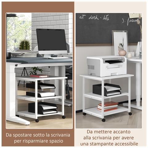 Carrello Porta Stampante A 3 Ripiani Con 4 Ruote, Legno E Acciaio, 50x50x52.5cm, Bianco - Foto 6