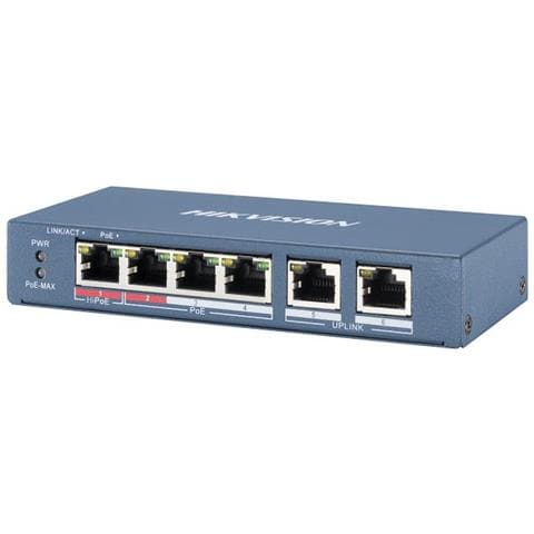 SWITCH HIKVISION L2, Unmanaged, 4 10/100M RJ45 PoE ports, 2 10/100M RJ45 uplink ports, 802.3af /at /bt, port 1 support Hi-PoE 60w - Foto 1