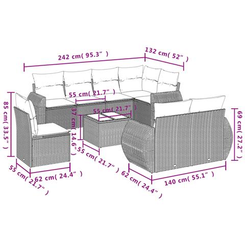 Set Divani Da Giardino 9pz Con Cuscini Marrone In Polyrattan - Foto 3