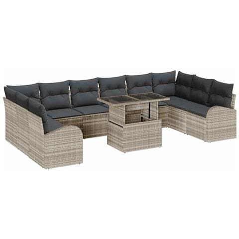 Set di divani da giardino da 11 pezzi con cuscini grigio chiaro in rattan sintetico, Divano da giardino a 2 posti con vano portaoggetti e cuscini grigio chiaro in rattan sintetico - Foto 1
