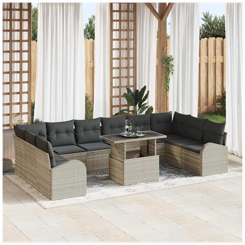 Set di divani da giardino da 11 pezzi con cuscini grigio chiaro in rattan sintetico, Divano da giardino a 2 posti con vano portaoggetti e cuscini grigio chiaro in rattan sintetico - Foto 2