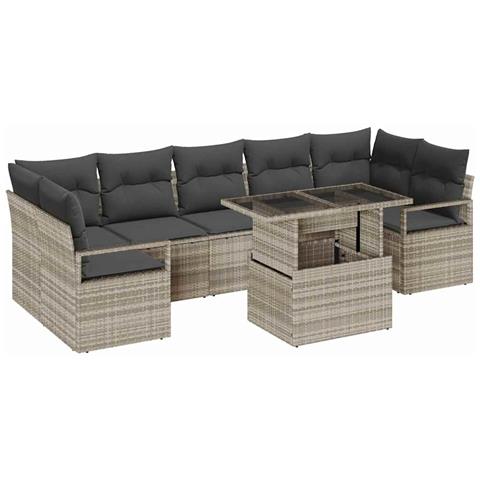 Set divani da giardino 8 pezzi  con cuscini grigio chiaro polyrattan, Divano giardino 2 posti  con cuscini grigio polyrattan - Foto 1