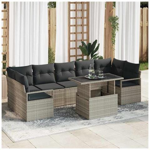 Set divani da giardino 8 pezzi  con cuscini grigio chiaro polyrattan, Divano giardino 2 posti  con cuscini grigio polyrattan - Foto 2