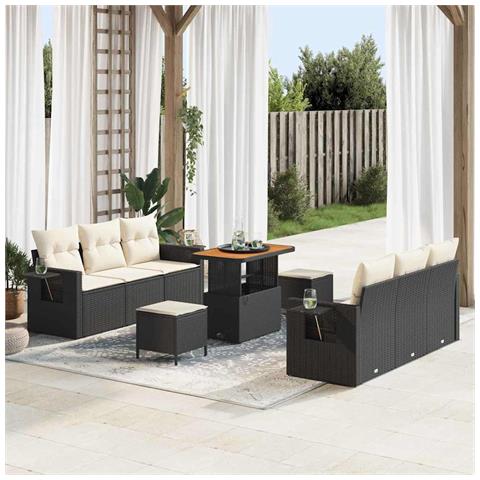 Set Divano da Giardino  9 Pezzi con Cuscini Rattan Polimerico Nero Acacia, Set da Pranzo da Giardino  3 Pezzi con Cuscini Rattan Polimerico Nero Acacia - Foto 2