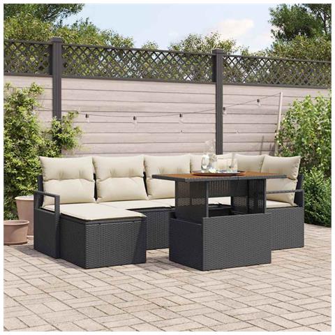Set divano da giardino 7 pezzi con cuscini Nero Polyrattan Acacia, Divano da giardino 2 posti con cuscini Nero Polyrattan - Foto 2