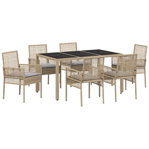 Set da pranzo per giardino 7 pezzi con cuscini in polirattan beige - Foto 1