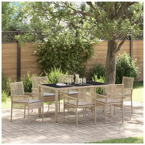 Set da pranzo per giardino 7 pezzi con cuscini in polirattan beige - Foto 2