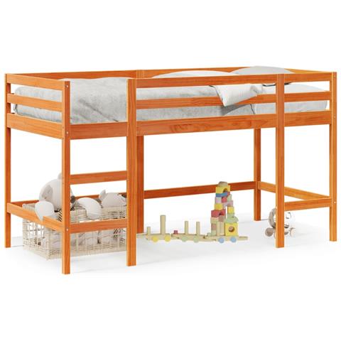 Letto Soppalco con Scala Bambini Marrone 80x200cm Massello Pino - Foto 1