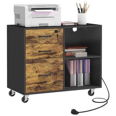 Mobile Per Stampante Con 3 Cassetti, 2 Ripiani Aperti E Foro Passacavi, In Mdf, 80x40x65.5 Cm, Marrone E Nero - Foto 1