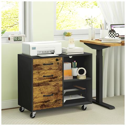 Mobile Per Stampante Con 3 Cassetti, 2 Ripiani Aperti E Foro Passacavi, In Mdf, 80x40x65.5 Cm, Marrone E Nero - Foto 2