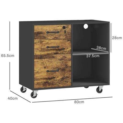 Mobile Per Stampante Con 3 Cassetti, 2 Ripiani Aperti E Foro Passacavi, In Mdf, 80x40x65.5 Cm, Marrone E Nero - Foto 6