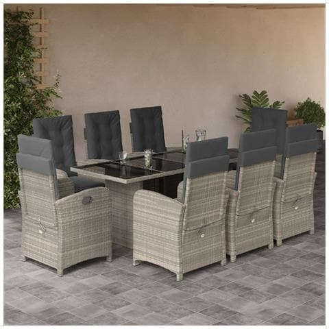 Set Pranzo Da Giardino 9pz Con Cuscini Grigio Chiaro Polyrattan - Foto 1