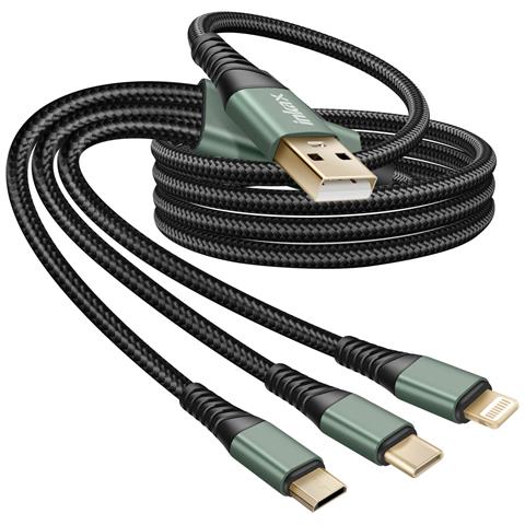 Cavo Usb 3 In 1 Per Usb-c / Micro-usb / Lightning Intrecciato 1.2m, Nero - Foto 1