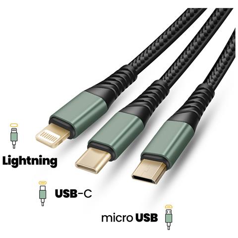 Cavo Usb 3 In 1 Per Usb-c / Micro-usb / Lightning Intrecciato 1.2m, Nero - Foto 2