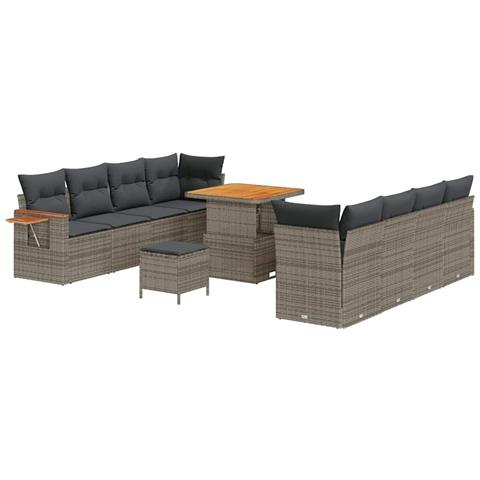 Set di Divani da Giardino  da 11 Pezzi con Cuscini Grigio Rattan PE Acacia, Set da Pranzo da Giardino  da 3 Pezzi con Cuscini Grigio Rattan PE Acacia - Foto 1