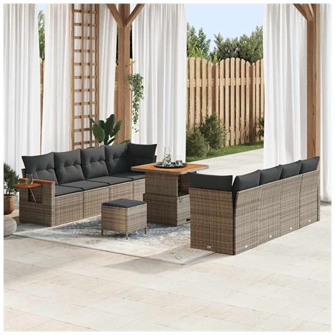 Set di Divani da Giardino  da 11 Pezzi con Cuscini Grigio Rattan PE Acacia, Set da Pranzo da Giardino  da 3 Pezzi con Cuscini Grigio Rattan PE Acacia - Foto 2