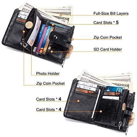 Uomo Portafoglio Rfid Blocking Raccoglitore Del Cuoio Genuino Degli Uomini E Zipper Tasca Della Moneta Borsa Bifold Con Catena 16 Porta Carte Di Credito Vera Pelle Gents Portafogli Slim Borsa (nero)  - Foto 2