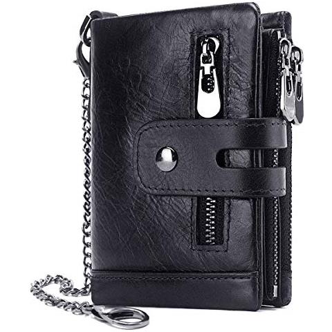 Uomo Portafoglio Rfid Blocking Raccoglitore Del Cuoio Genuino Degli Uomini E Zipper Tasca Della Moneta Borsa Bifold Con Catena 16 Porta Carte Di Credito Vera Pelle Gents Portafogli Slim Borsa (nero)  - Foto 1