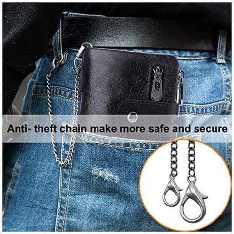 Uomo Portafoglio Rfid Blocking Raccoglitore Del Cuoio Genuino Degli Uomini E Zipper Tasca Della Moneta Borsa Bifold Con Catena 16 Porta Carte Di Credito Vera Pelle Gents Portafogli Slim Borsa (nero)  - Foto 4