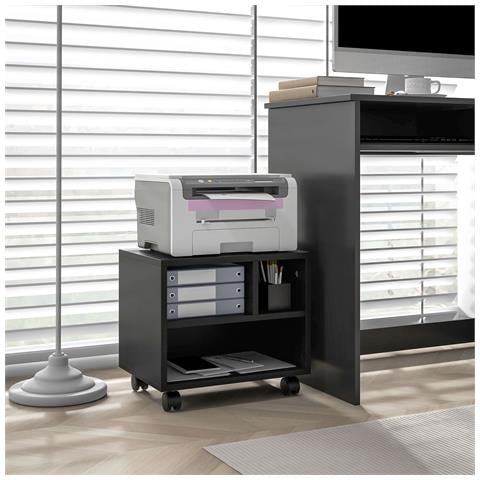Mobile Porta Stampante a 2 Livelli con 3 Scomparti e Ruote per Ufficio e Studio 40x30x36 cm Nero - Foto 2