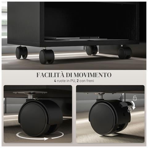 Mobile Porta Stampante a 2 Livelli con 3 Scomparti e Ruote per Ufficio e Studio 40x30x36 cm Nero - Foto 6