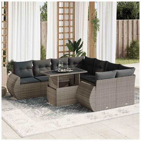 Set Divano Da Giardino 9 Pz Con Cuscini Grigio In Polyrattan - Foto 1