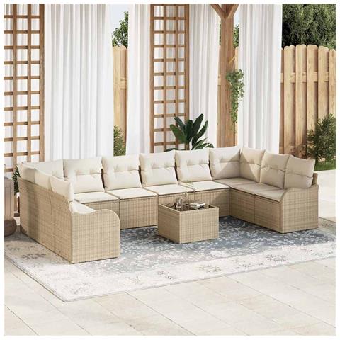 Set di divani da giardino  da 11 pezzi con cuscini in rattan poliestere marrone, Divano da giardino  da 2 posti con cuscini in rattan poliestere beige - Foto 2