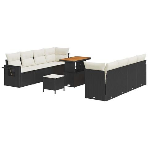Set di Divani da Giardino a 11 Pezzi con Cuscini in Rattan Nero e Panna Acacia, Set di Mobili da Giardino a 3 Pezzi con Cuscini in Rattan Nero e Panna Acacia - Foto 1