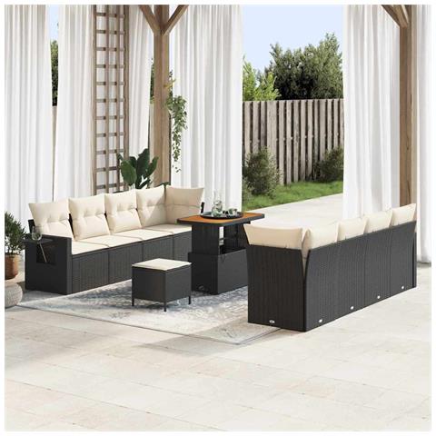 Set di Divani da Giardino a 11 Pezzi con Cuscini in Rattan Nero e Panna Acacia, Set di Mobili da Giardino a 3 Pezzi con Cuscini in Rattan Nero e Panna Acacia - Foto 2