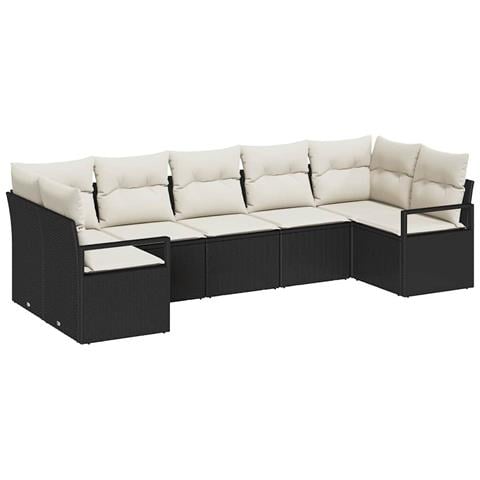 Set Divano da Giardino 7 Pezzi con Cuscini Nero Polyrattan, Divano da Giardino 2 Posti con Ripostiglio & Cuscini Nero Polyrattan - Foto 1
