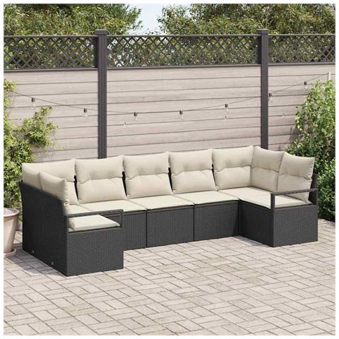 Set Divano da Giardino 7 Pezzi con Cuscini Nero Polyrattan, Divano da Giardino 2 Posti con Ripostiglio & Cuscini Nero Polyrattan - Foto 2