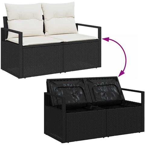 Set Divano da Giardino 7 Pezzi con Cuscini Nero Polyrattan, Divano da Giardino 2 Posti con Ripostiglio & Cuscini Nero Polyrattan - Foto 9