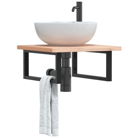 Ripiano a Parete per Lavabo in Acciaio e Massello di Faggio - Foto 2