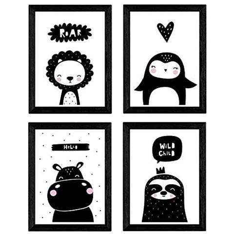 Set Di 4 Stampe Hipopotamo, Pinguino, Leon E Foca. Poster Di Animali Senza Cornice A4 - Foto 1