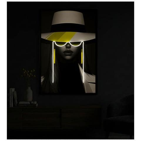 Stampa Con Led Su Tela Margot Donna Con Cappello E Occhiali Gialli Con Cornice Nera - Foto 8
