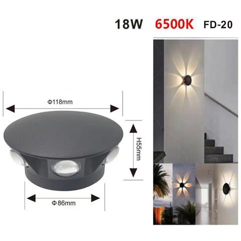 Applique Led 6 Cob Lampada Parete Rotondo 18w Nero Freddo 6500k Esterno Fd-20* - Foto 2