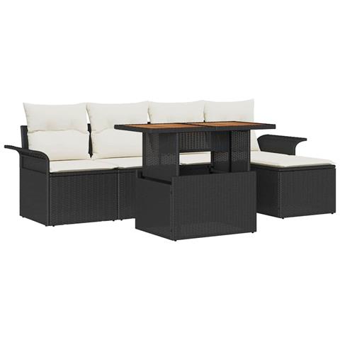 Set da Pranzo da Giardino a 6 Pezzi con Cuscini Nero Polyrattan Acacia - Foto 1