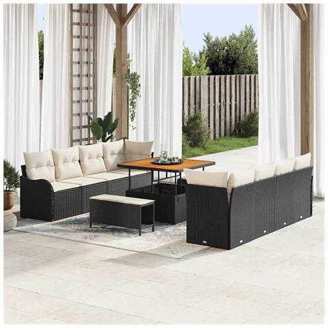 Set di Divani da Giardino  da 11 Pezzi con Cuscini Nero Polirattan Acacia, Divano da Giardino  a 2 posti con Ripostiglio e Cuscini Nero Polirattan, Set da Pranzo da Giardino  da 3 Pezzi con Cuscini Nero Polirattan Acacia - Foto 2