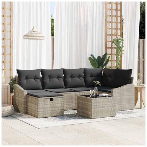 Set di divani da giardino in 7 pezzi con cuscini grigio chiaro in rattan polimero - Foto 2